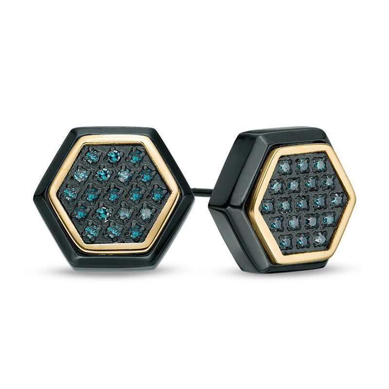 Main Image 1 of 1/5 CT. T.W. Enhanced Blue Diamond Hexagonal Stud Earrings in Two-Tone Stainless Steel
