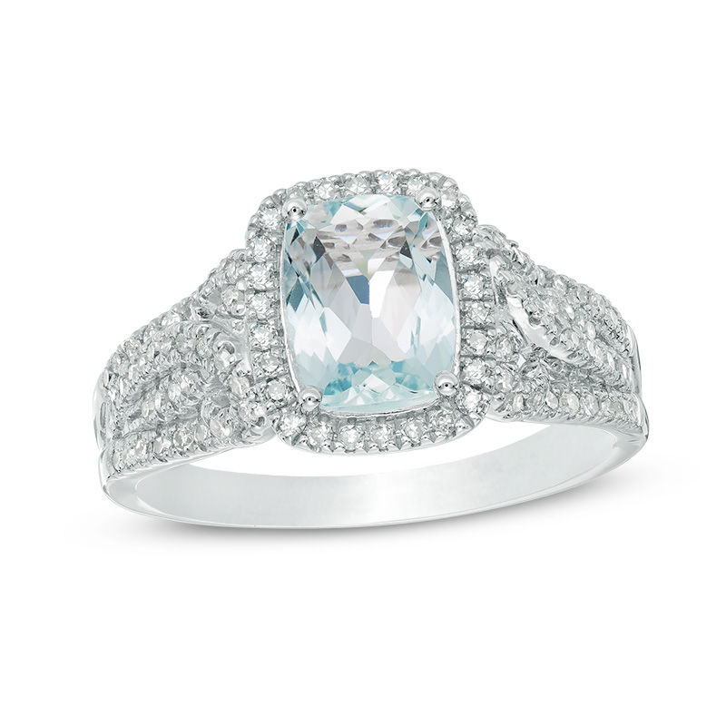 Main Image 1 of Cushion-Cut Aquamarine and 3/8 CT. T.W. Diamond Frame Ring in 14K White Gold