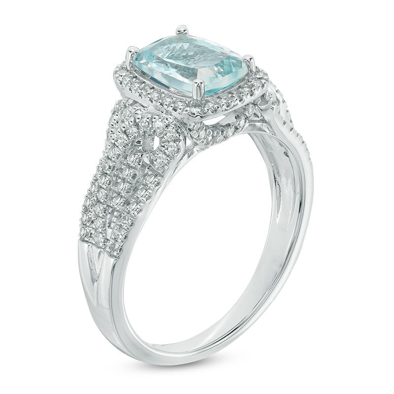 Main Image 2 of Cushion-Cut Aquamarine and 3/8 CT. T.W. Diamond Frame Ring in 14K White Gold