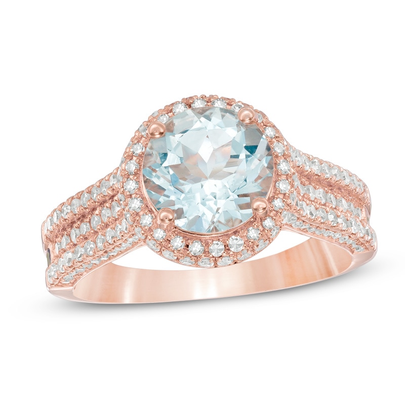 Main Image 1 of 8.0mm Aquamarine and 3/4 CT. T.W. Diamond Frame Ring in 14K Rose Gold