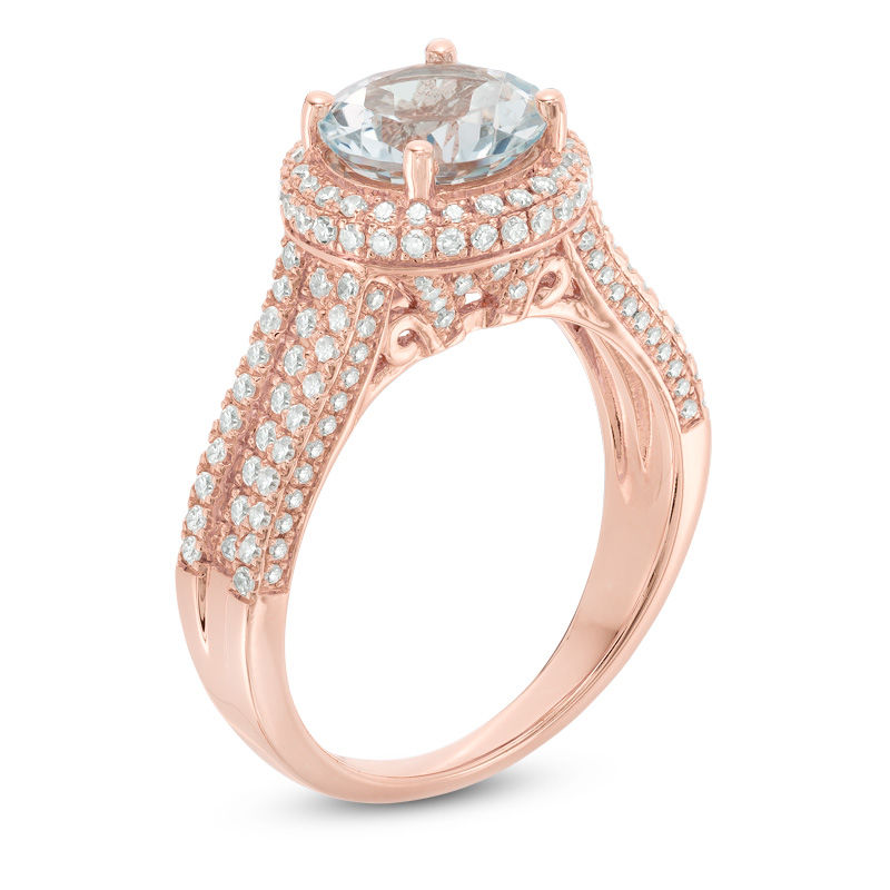 Main Image 2 of 8.0mm Aquamarine and 3/4 CT. T.W. Diamond Frame Ring in 14K Rose Gold