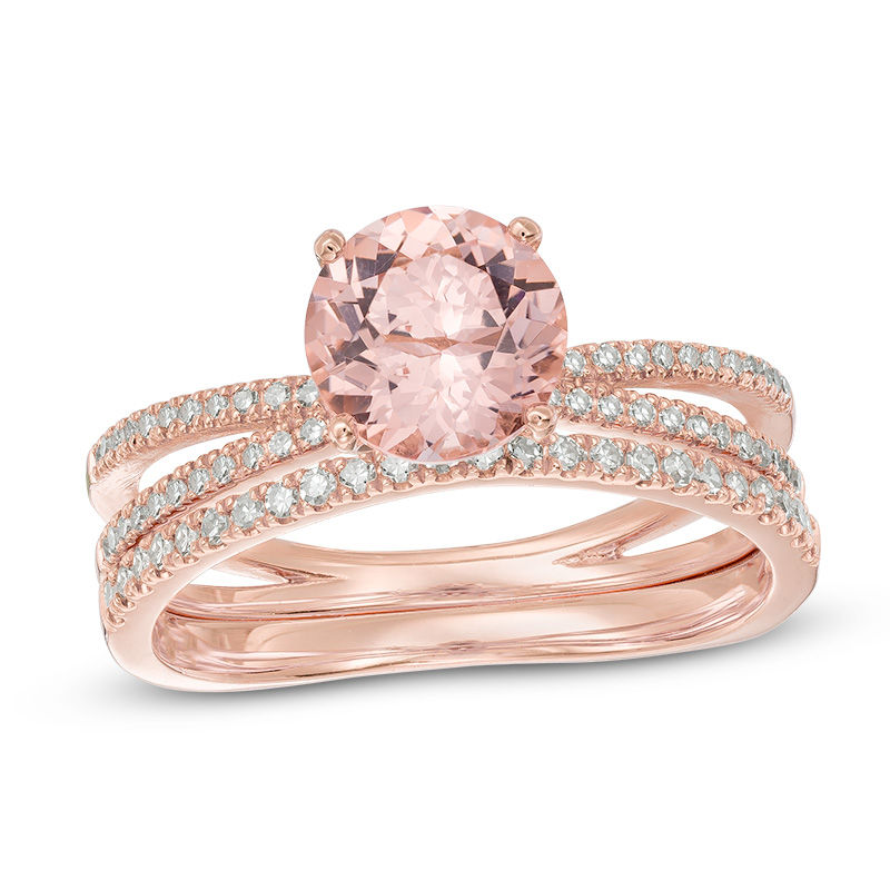 Main Image 1 of 7.0mm Morganite and 1/4 CT. T.W. Diamond Split Shank Bridal Set in 14K Rose Gold