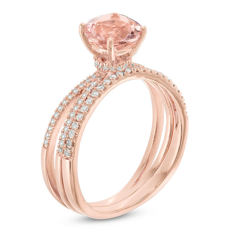 Main Image 2 of 7.0mm Morganite and 1/4 CT. T.W. Diamond Split Shank Bridal Set in 14K Rose Gold