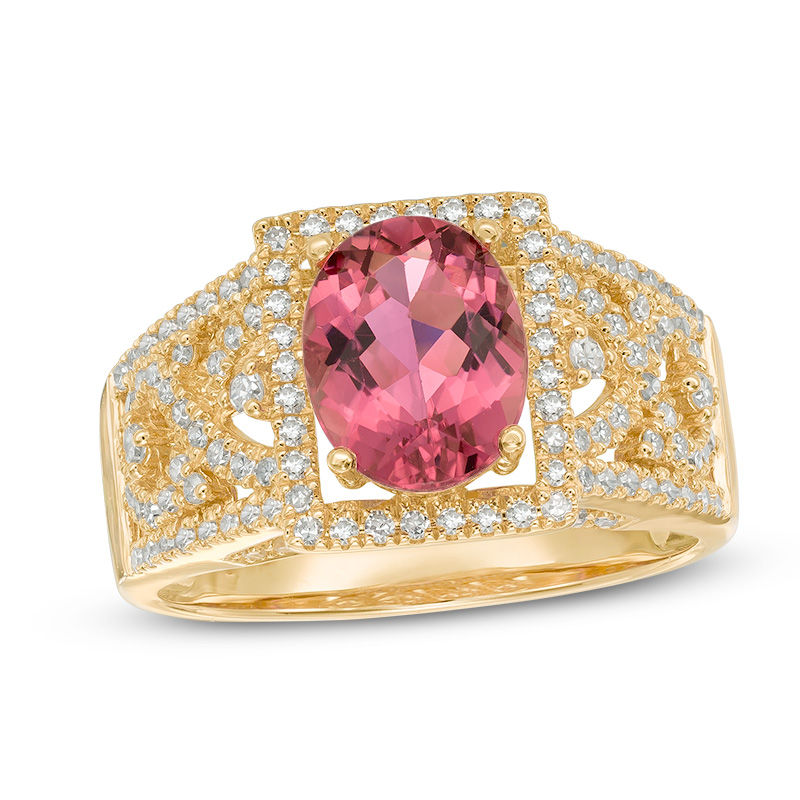 Main Image 1 of Oval Pink Tourmaline and 1/2 CT. T.W. Diamond Rectangular Ring in 14K Gold