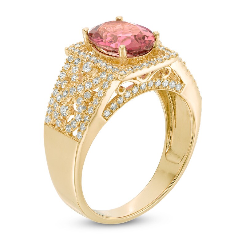 Main Image 2 of Oval Pink Tourmaline and 1/2 CT. T.W. Diamond Rectangular Ring in 14K Gold
