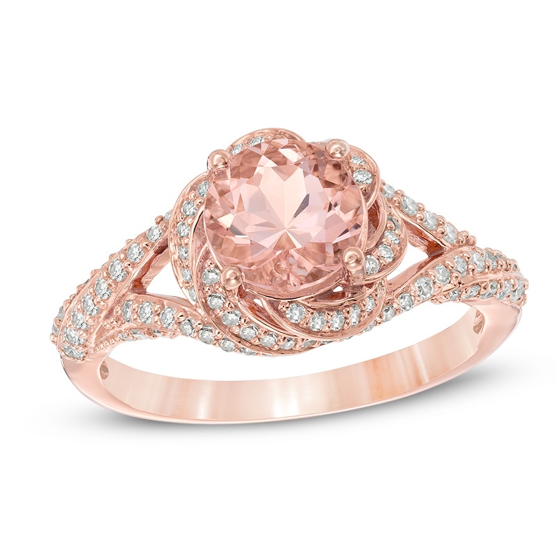 Main Image 1 of 7.0mm Morganite and 3/8 CT. T.W. Diamond Flower Frame Ring in 14K Rose Gold