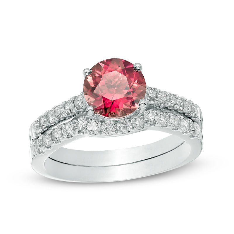 Main Image 1 of 7.0mm Pink Tourmaline and 1/2 CT. T.W. Diamond Bridal Set in 14K White Gold