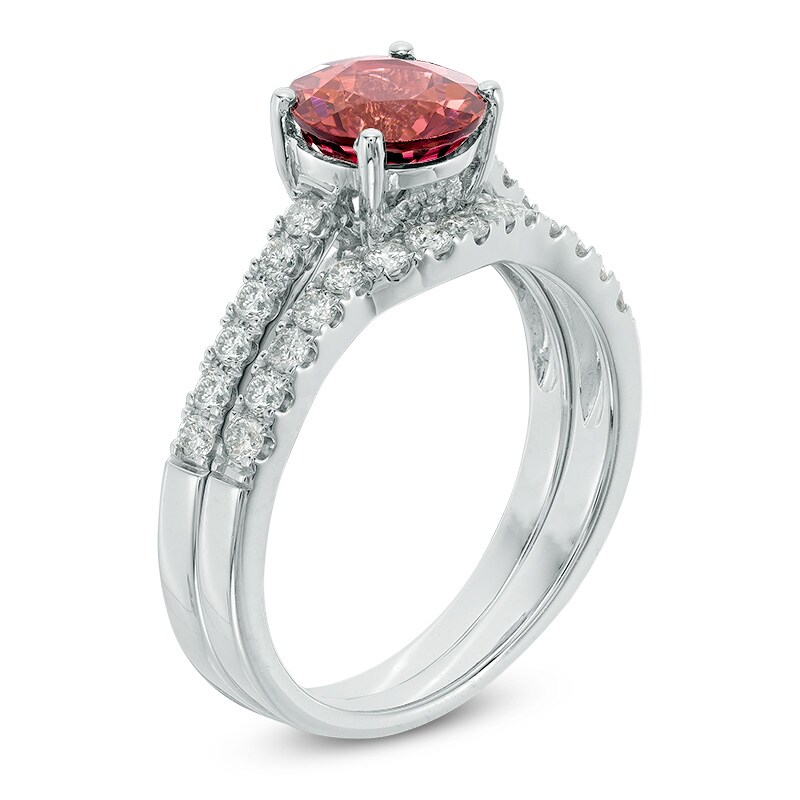 Main Image 2 of 7.0mm Pink Tourmaline and 1/2 CT. T.W. Diamond Bridal Set in 14K White Gold