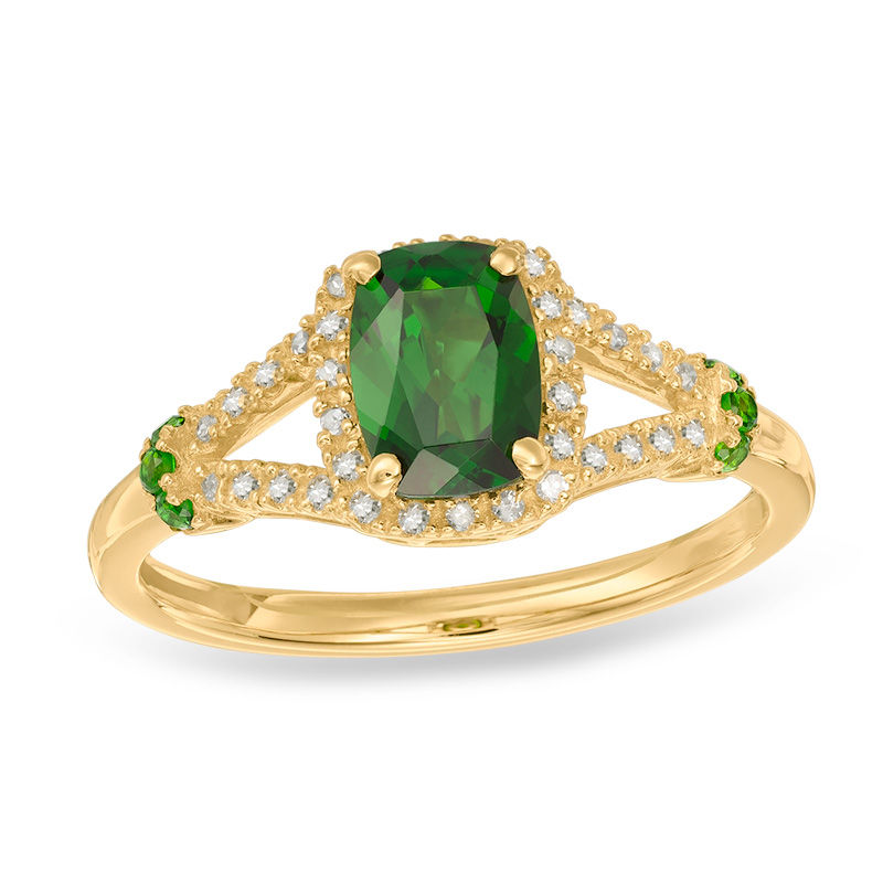 Cushion-Cut Chrome Diopside and 1/10 CT. T.W. Diamond Frame Split Shank Ring in 10K Gold