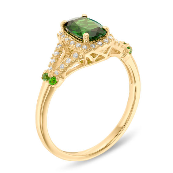 Cushion-Cut Chrome Diopside and 1/10 CT. T.w. Diamond Frame Split Shank Ring in 10K Gold