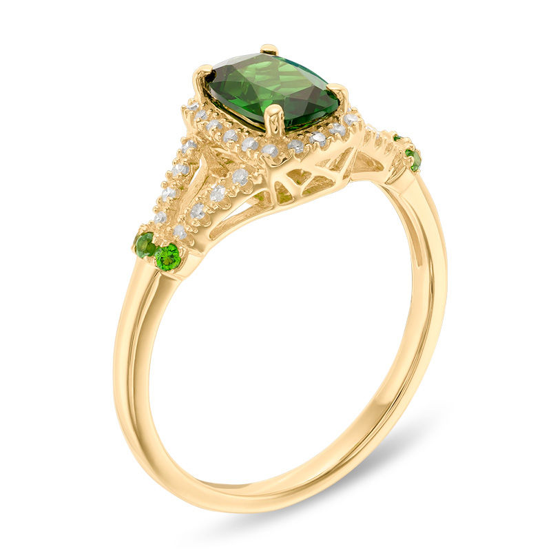 Cushion-Cut Chrome Diopside and 1/10 CT. T.W. Diamond Frame Split Shank Ring in 10K Gold