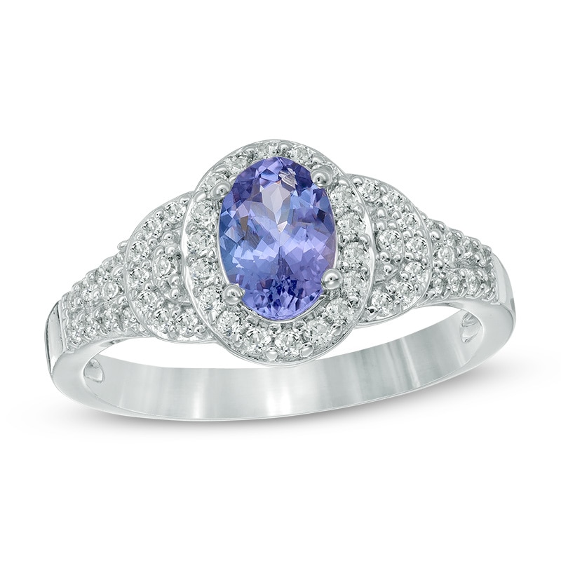 Oval Tanzanite and White Topaz Frame Collar Ring in Sterling Silver