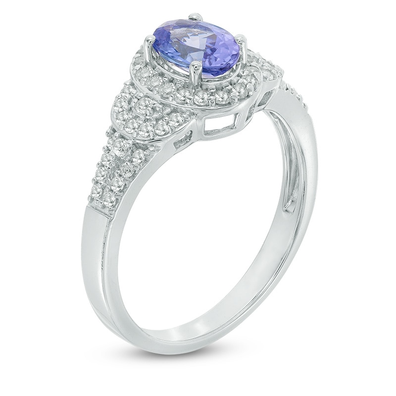 Oval Tanzanite and White Topaz Frame Collar Ring in Sterling Silver