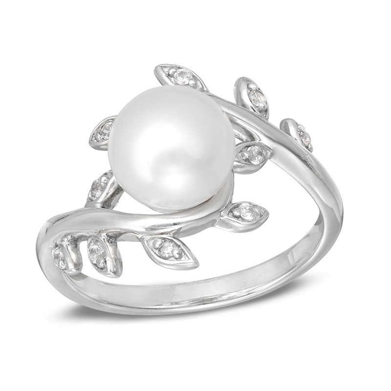 Main Image 1 of 8.0mm Baroque Freshwater Cultured Pearl and Lab-Created White Sapphire Vine Ring in Sterling Silver