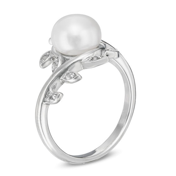 8.0mm Baroque Freshwater Cultured Pearl and Lab-Created White Sapphire Vine Ring in Sterling Silver