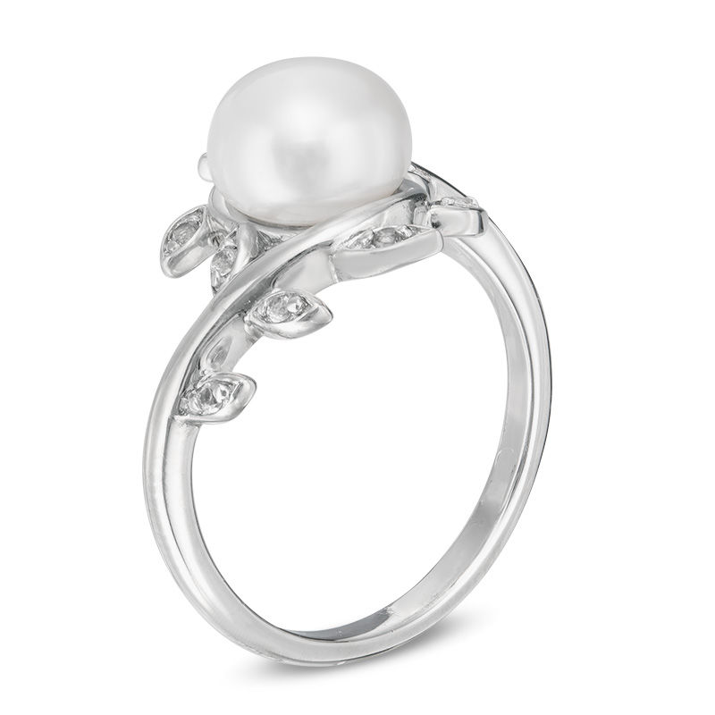 8.0mm Baroque Cultured Freshwater Pearl and Lab-Created White Sapphire Vine Ring in Sterling Silver