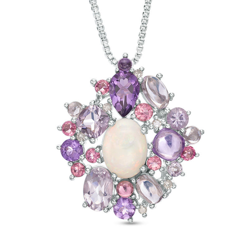 Main Image 1 of Opal, Amethyst and Pink Tourmaline with Diamond Accent Pendant in Sterling Silver