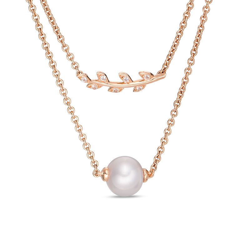 8.0mm Cultured Freshwater Pearl and Lab-Created White Sapphire Necklace in Sterling Silver with 14K Rose Gold Plate