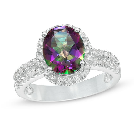 Oval Mystic Fire® Topaz and Lab-Created White Sapphire Frame Double Row Ring in Sterling Silver