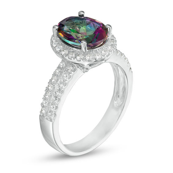 Oval Mystic Fire® Topaz and Lab-Created White Sapphire Frame Double Row Ring in Sterling Silver