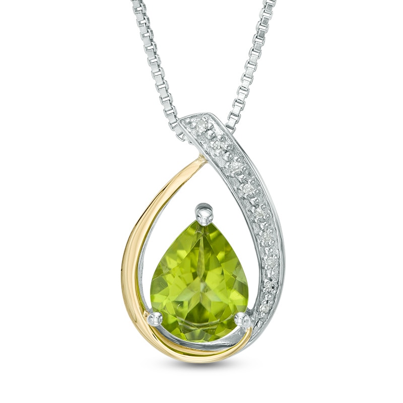Main Image 1 of Pear-Shaped Peridot and Diamond Accent Pendant in Sterling Silver and 14K Gold