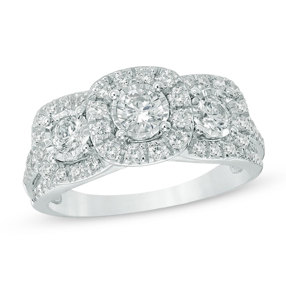 1 CT. T. W. Diamond Past Present FutureÂ® Cushion Frame Ring in 14K White Gold