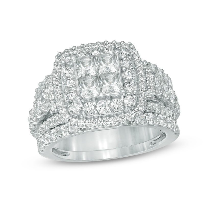 Main Image 1 of 2-3/4 CT. T.W. Quad Princess-Cut Diamond Frame Three Piece Bridal Set in 14K White Gold