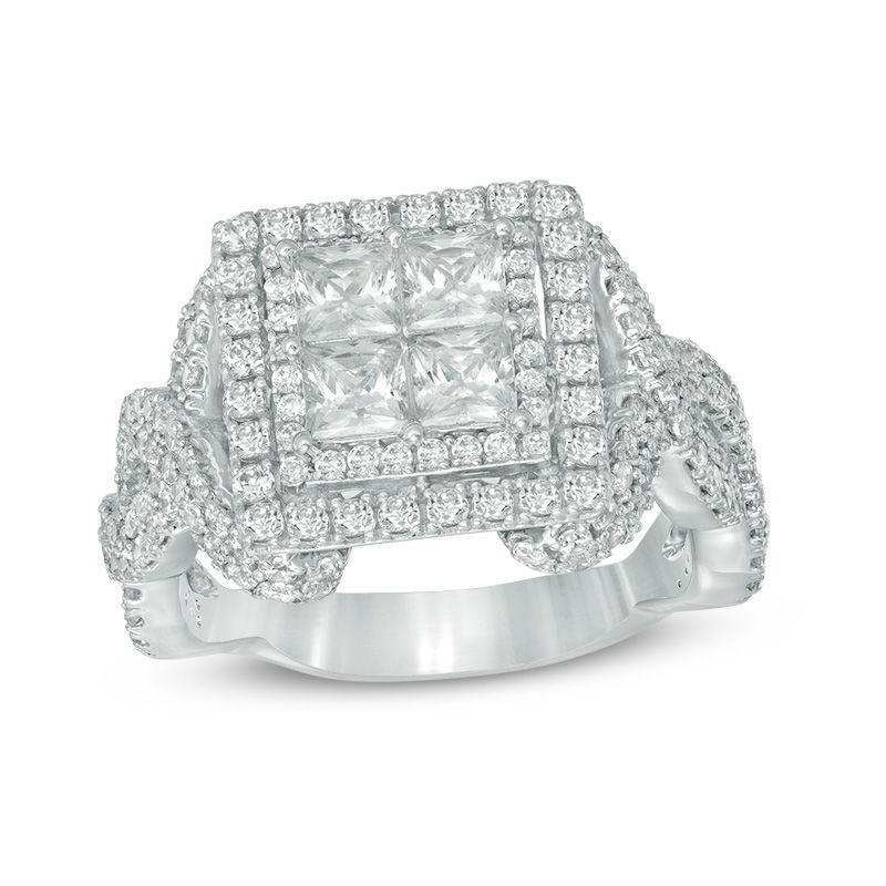 Main Image 1 of 2-1/4 CT. T.W. Quad Princess-Cut Diamond Twist Shank Engagement Ring in 14K White Gold