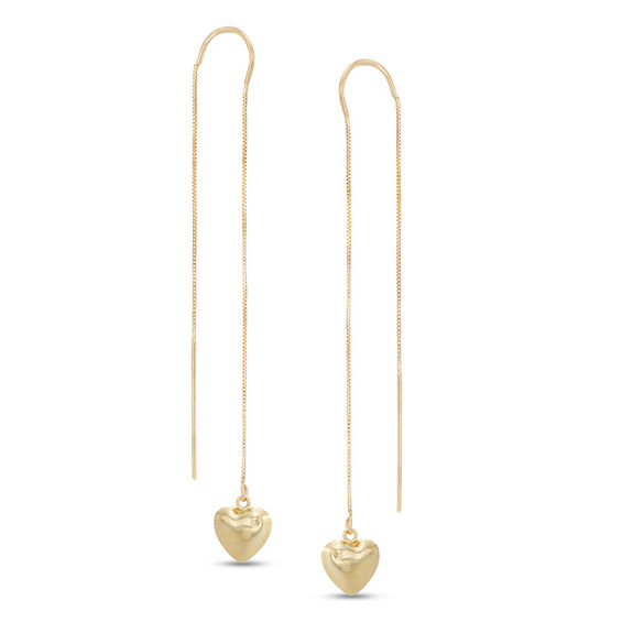 Puffed Heart Threader Drop Earrings in 10K Gold
