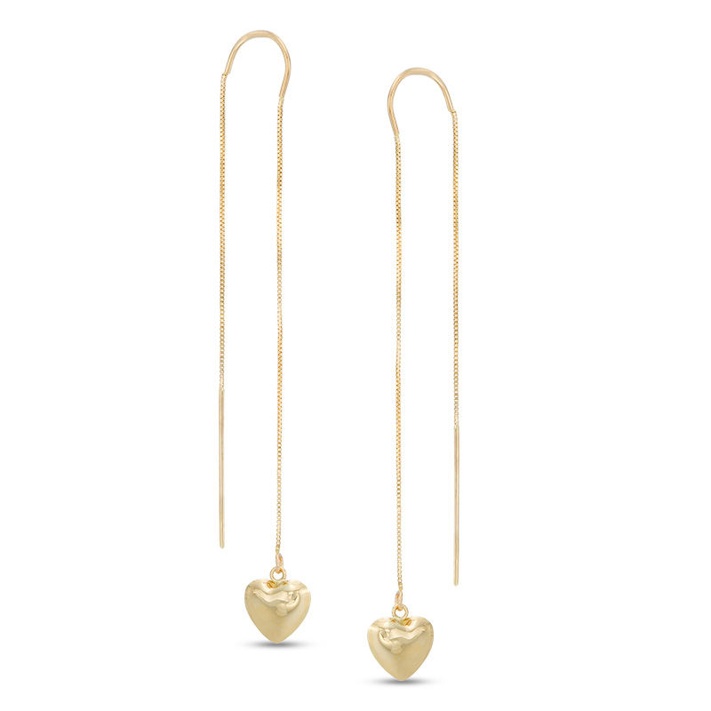 Main Image 1 of Puffed Heart Threader Drop Earrings in 10K Gold
