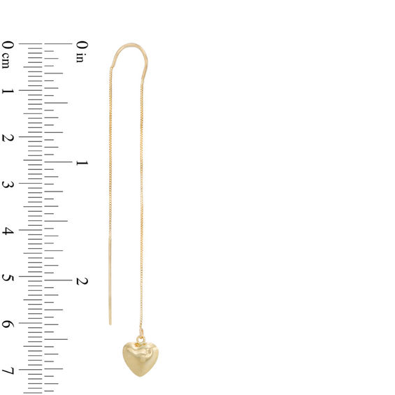 Puffed Heart Threader Drop Earrings in 10K Gold
