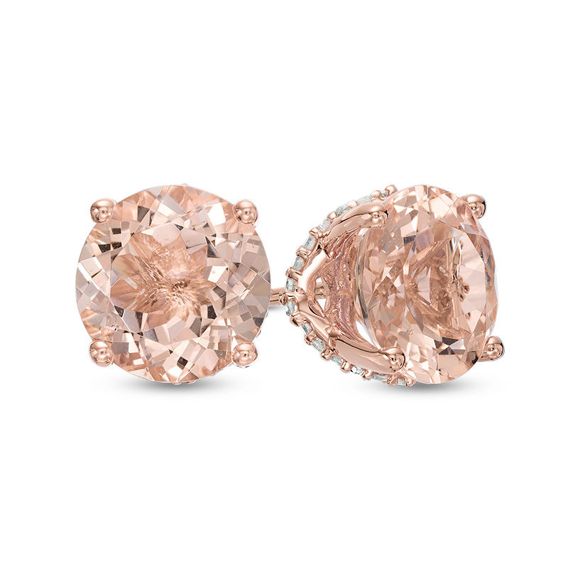 Main Image 1 of 8.0mm Morganite and 1/6 CT. T.W. Diamond Stud Earrings in 14K Rose Gold