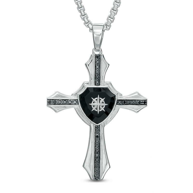 Main Image 1 of Men's Onyx and 1/3 CT. T.W. Black Diamond Cross with Shield Pendant in Sterling Silver - 24&quot;