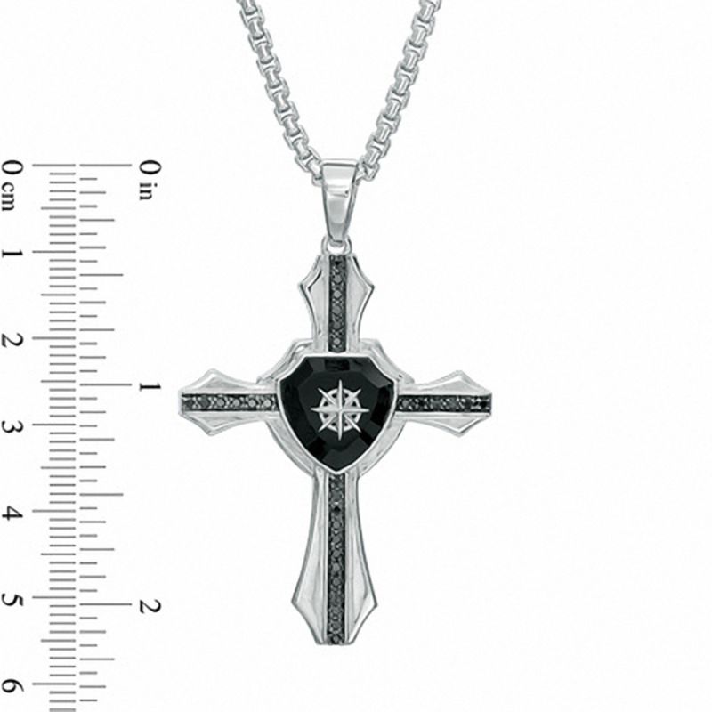 Main Image 3 of Men's Onyx and 1/3 CT. T.W. Black Diamond Cross with Shield Pendant in Sterling Silver - 24&quot;