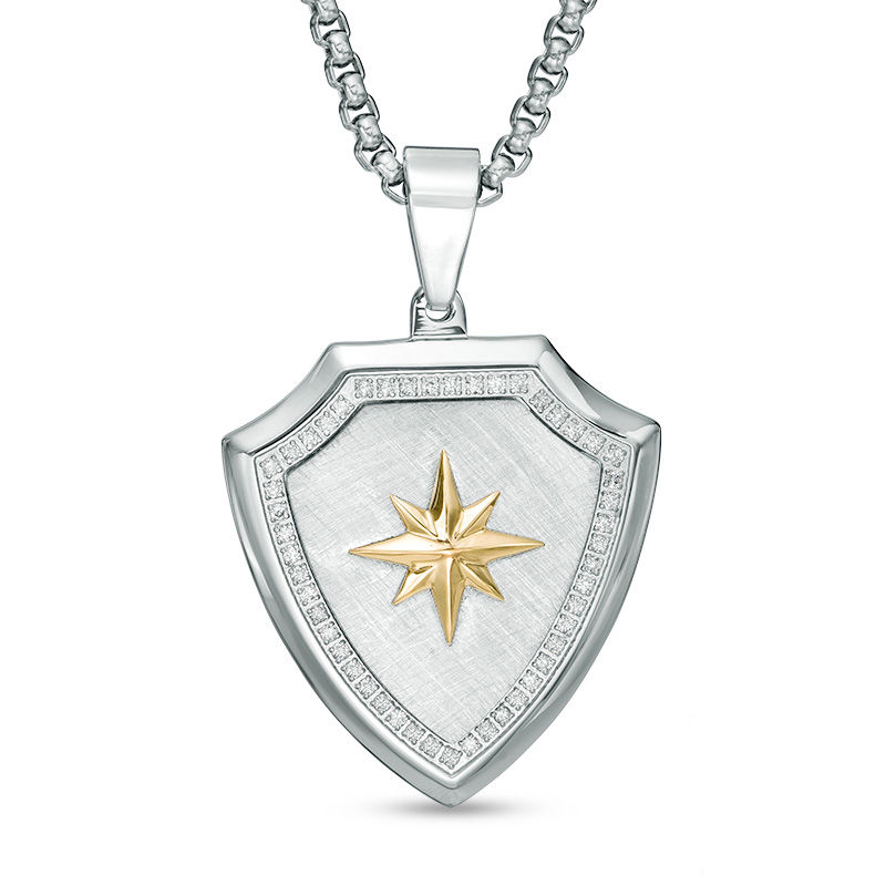 Main Image 1 of Men's 1/2 CT. T.W. Diamond Shield Pendant in Stainless Steel and 10K Gold - 24"