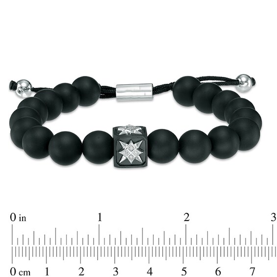 10.0mm Onyx and Diamond Accent Shield Bead Bracelet in Sterling Silver - 10.5"