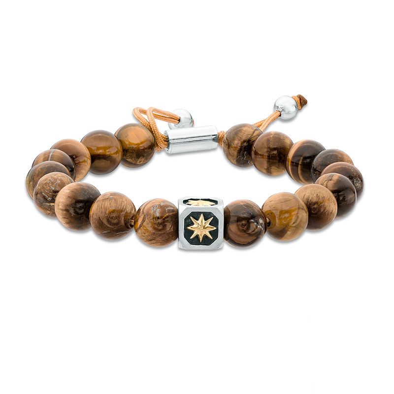 Main Image 1 of 10.5mm Tiger's Eye and Compass Star Bead Bracelet in Sterling Silver and 10K Gold - 10.5"