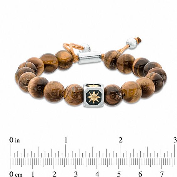 10.5mm Tiger's Eye and Compass Star Bead Bracelet in Sterling Silver and 10K Gold - 10.5"