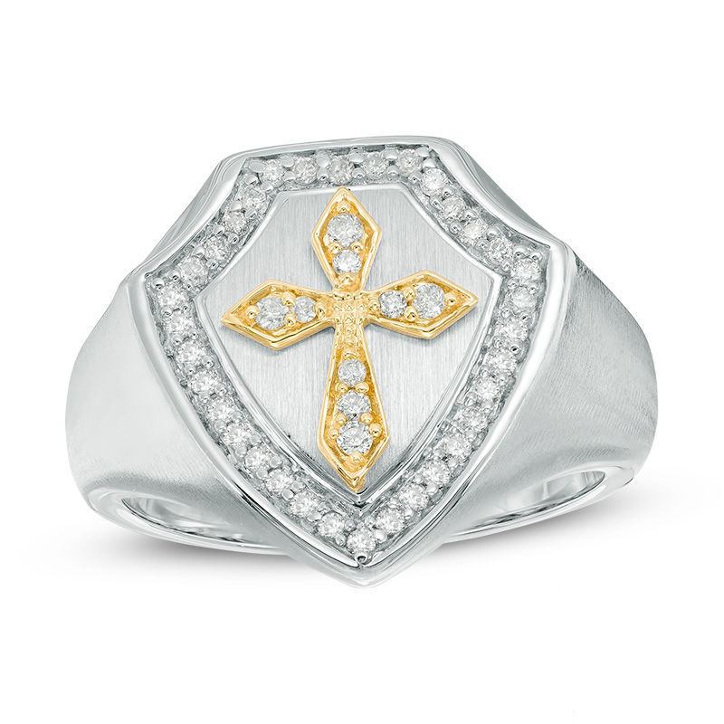 Men's 1/3 CT. T.W. Diamond Shield with Cross Ring in Sterling Silver and 10K Gold