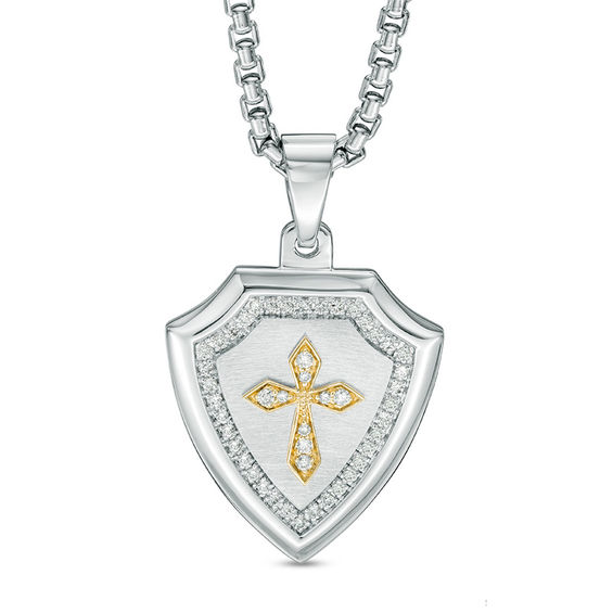 Men's 1/3 CT. T.w. Diamond Shield with Cross Pendant in Sterling Silver and 10K Gold - 24"