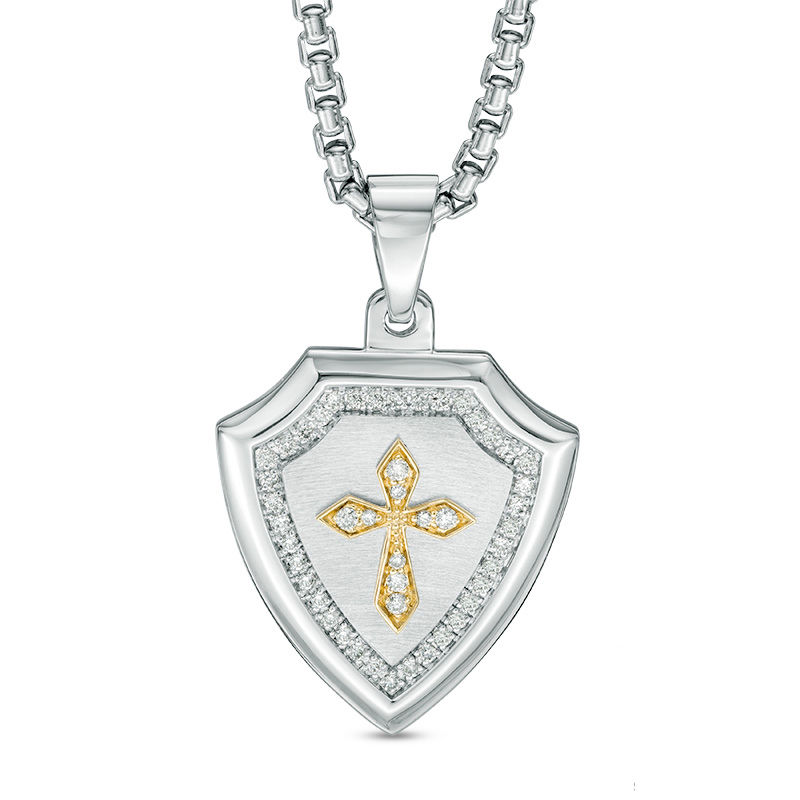 Main Image 1 of Men's 1/3 CT. T.W. Diamond Shield with Cross Pendant in Sterling Silver and 10K Gold - 24"