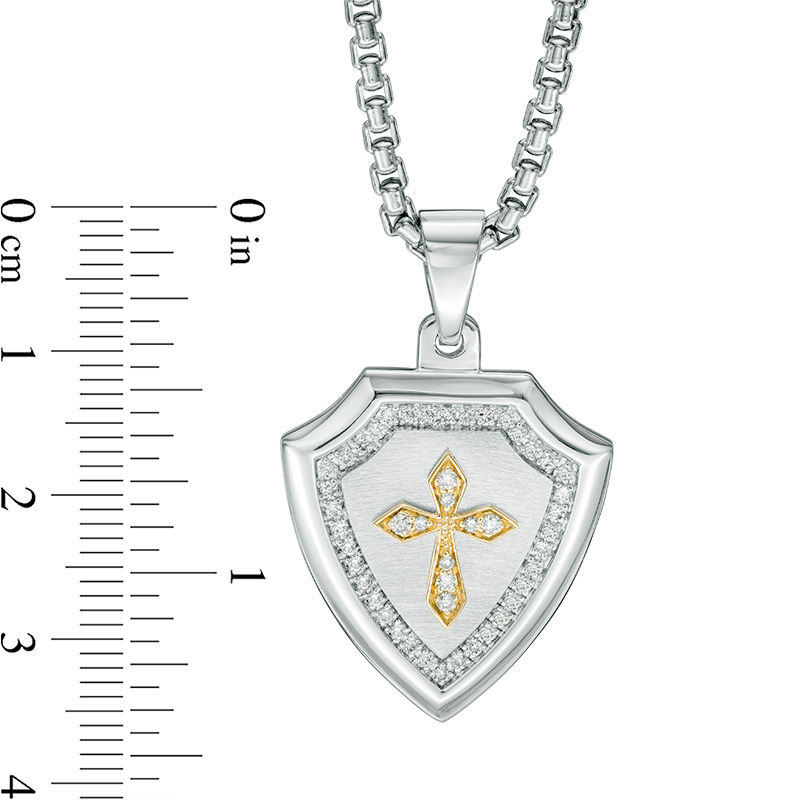 Main Image 2 of Men's 1/3 CT. T.W. Diamond Shield with Cross Pendant in Sterling Silver and 10K Gold - 24"