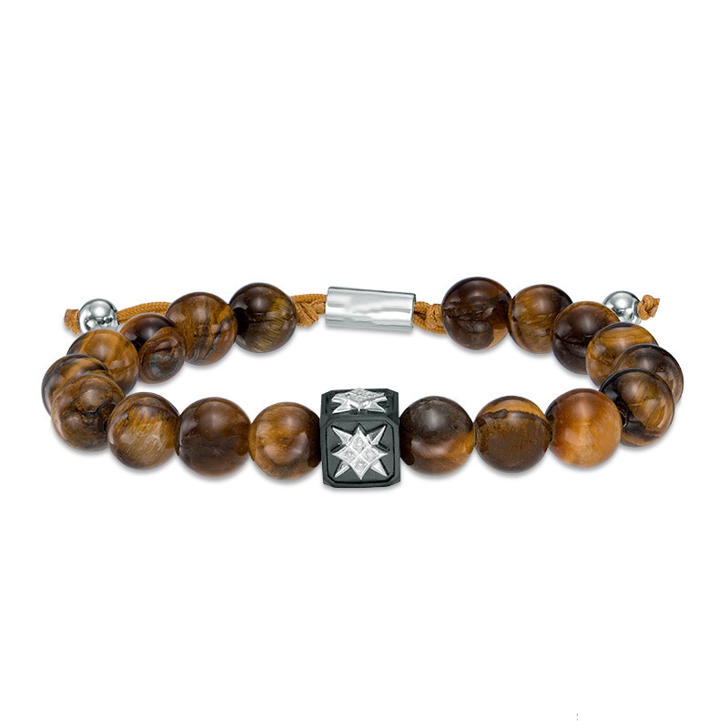 Main Image 1 of Men's 10.5mm Tiger's Eye and Diamond Accent Compass Star Bead Bracelet in Sterling Silver - 10.5"