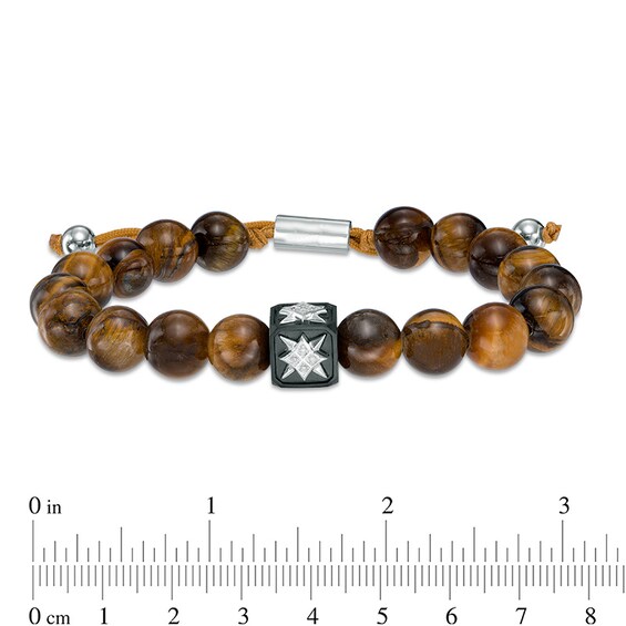 10.5mm Tiger's Eye and Diamond Accent Compass Star Bead Bracelet in Sterling Silver - 10.5"