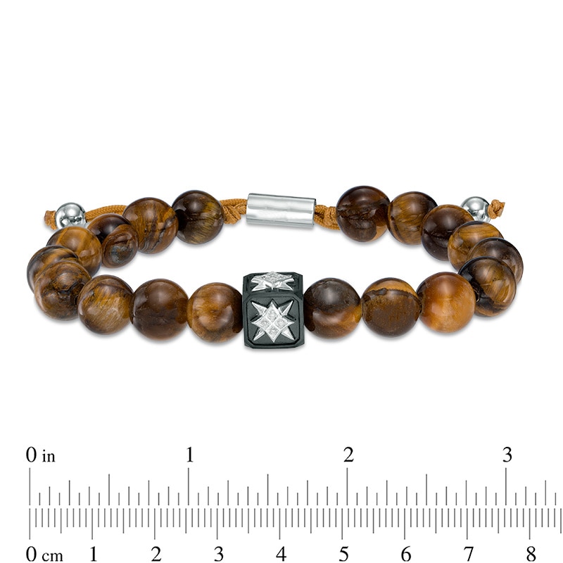 Main Image 2 of Men's 10.5mm Tiger's Eye and Diamond Accent Compass Star Bead Bracelet in Sterling Silver - 10.5"