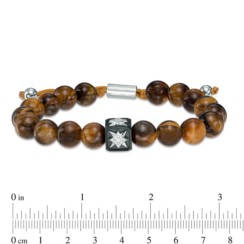 Men's 10.5mm Tiger's Eye and Diamond Accent Compass Star Bead Bracelet in Sterling Silver - 10.5"