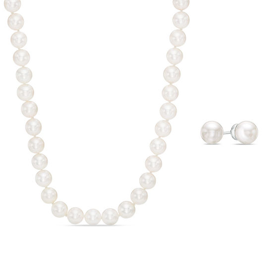 Vera Wang Love Collection Akoya Cultured Pearl and 1/6 CT. T.w. Diamond Necklace and Earrings Set in 14K White Gold