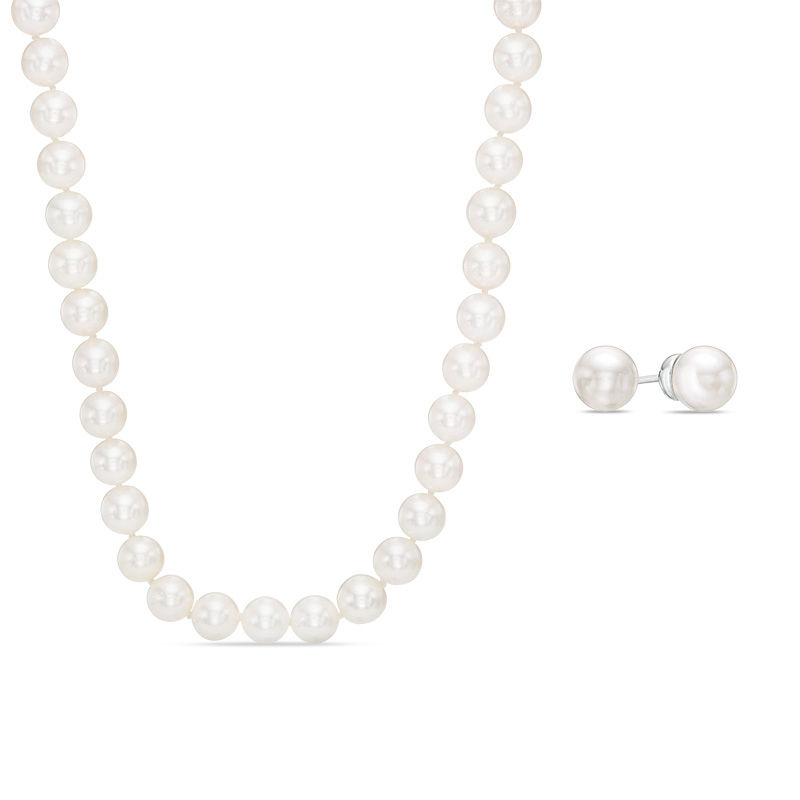 Main Image 1 of Vera Wang Love Collection Akoya Cultured Pearl and 1/6 CT. T.W. Diamond Necklace and Earrings Set in 14K White Gold
