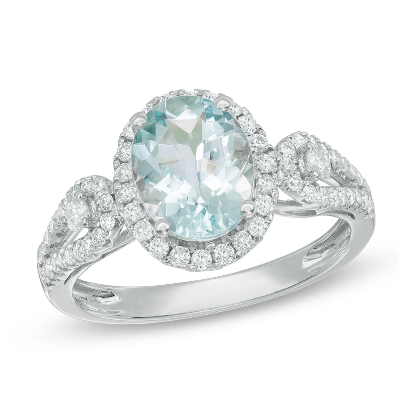Main Image 1 of Oval Aquamarine and 1/3 CT. T.W. Diamond Frame Ring in 14K White Gold