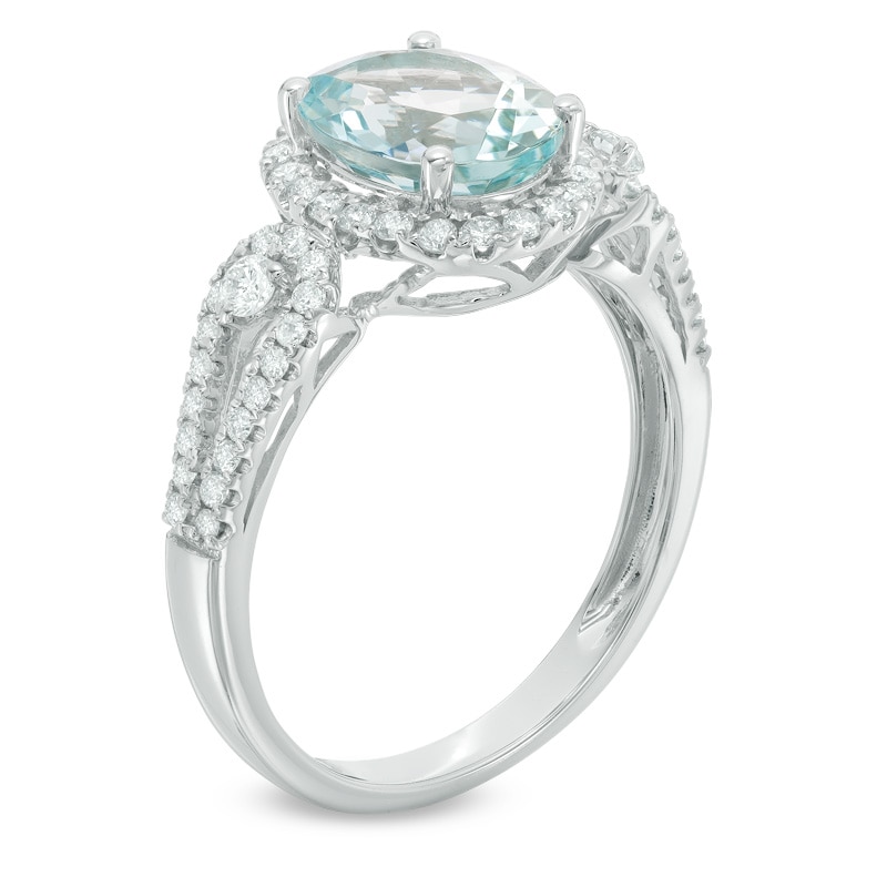 Main Image 2 of Oval Aquamarine and 1/3 CT. T.W. Diamond Frame Ring in 14K White Gold